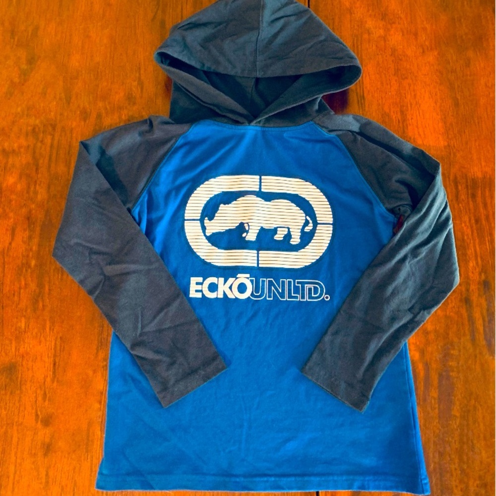 Ecko Logo Boys Long Sleeve T-shirt with Hood, Blue/Black, size 10-12